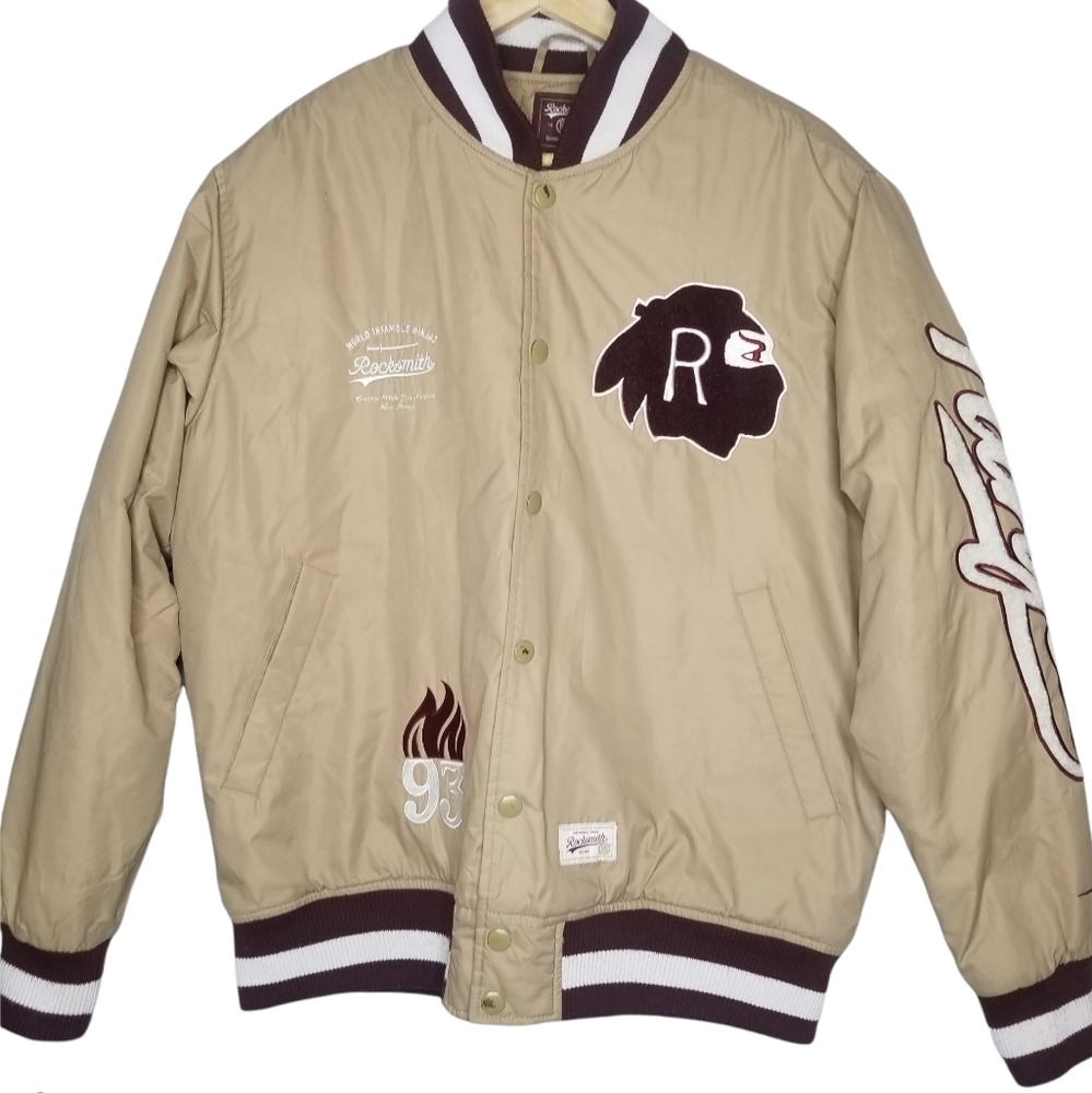 ROCKSMITH Cream/Tan Ninjas Varsity Bomber Jacket Size Large